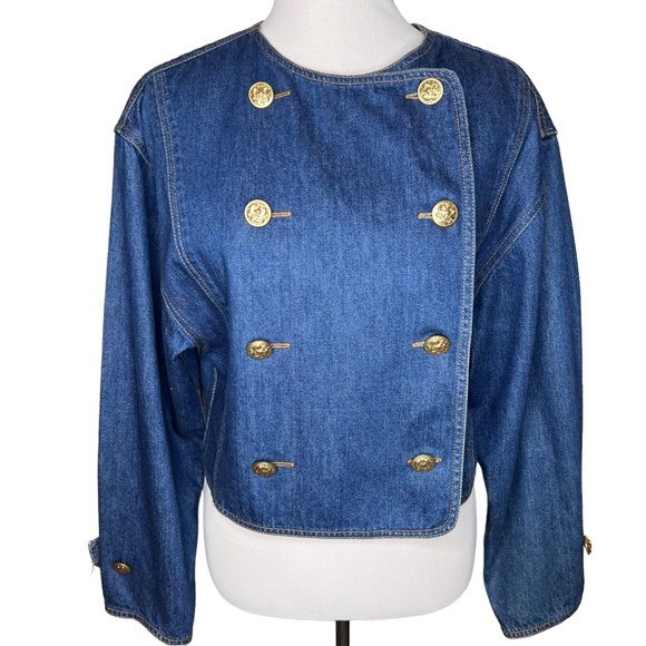 Perry Ellis Jackets & Blazers - VTG Perry Ellis Double Breasted Chunky Brass Buttons Cropped Jean Jacket Size M